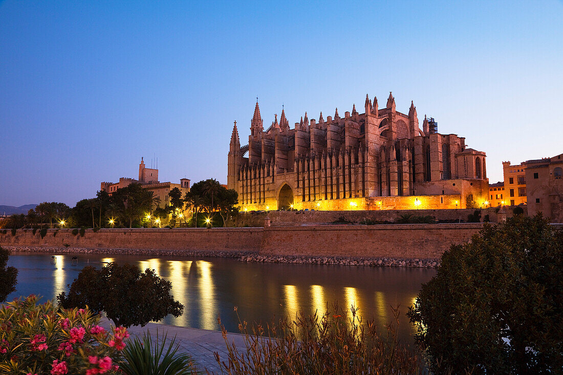 Kathedrale La Seu in Palma mit Parc de la Mar in der Morgendämmerung, Mallorca, Balearen, Mittelmeer, Spanien, Europa