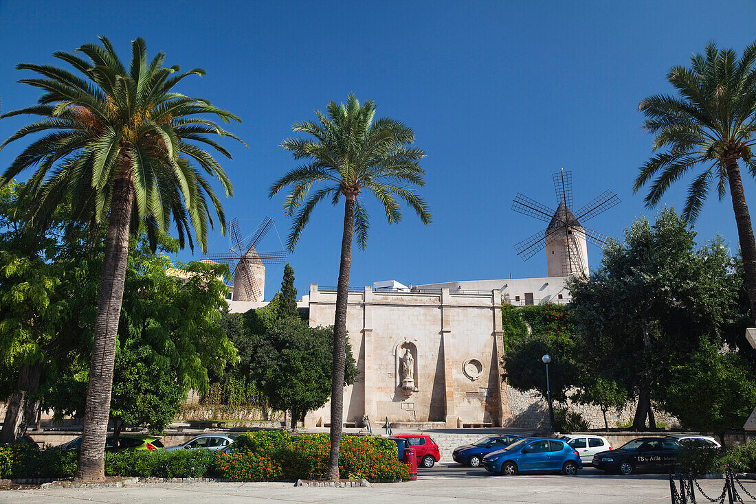 Historic windmills of Es Jonquet with city wall at the Old Town of Palma, Mallorca, Balearic Islands, Mediterranean Sea, Spain, Europe