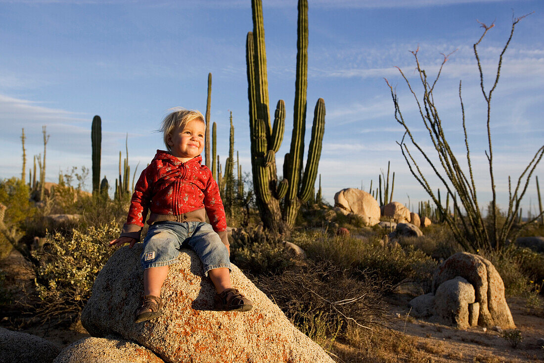 Kleines Mädchen sitzt auf einem Fels inmitten Kakteen in der Wüste, Catavina, Baja California Sur, Mexiko, Amerika