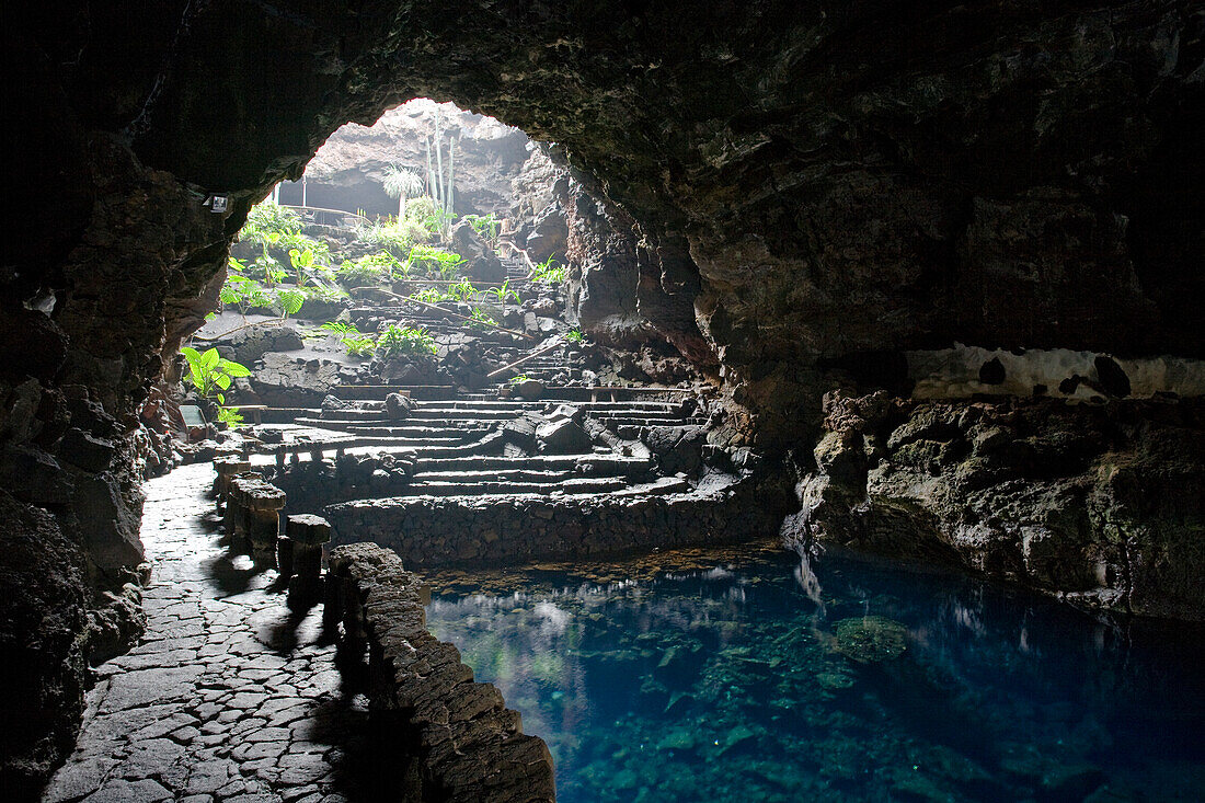 Volcanic cave with salt water lake, Jameos del Agua, hollow lava tunnel, architect Cesar Manrique, UNESCO Biosphere Reserve, Lanzarote, Canary Islands, Spain, Europe