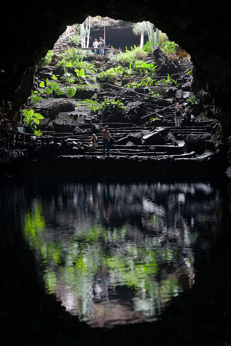 Volcanic cave and salt water lake, Jameos del Agua, hollow lava tunnel, architect Cesar Manrique, UNESCO Biosphere Reserve, Lanzarote, Canary Islands, Spain, Europe
