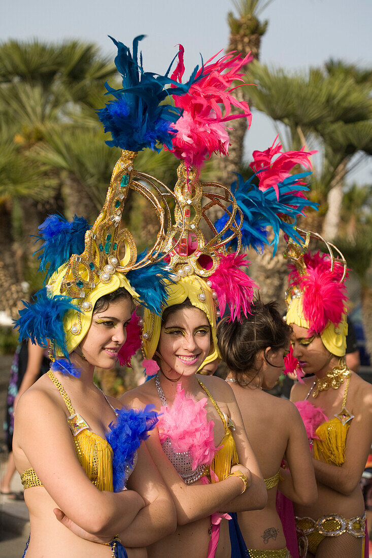 Dancers at the carnival parade, Gran Coso de Carnaval, Costa Teguise, Lanzarote, Canary Islands, Spain, Europe