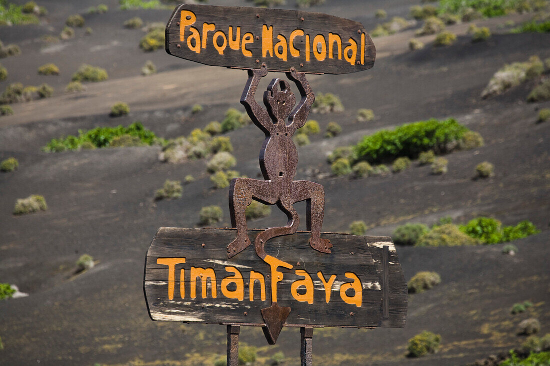 Symbol of the devil on a sign, volcanic landscape, Parque Nacional de Tiimanfaya, Montanas del Fuego, UNESCO Biosphere Reserve, Lanzarote, Lanzarote, Canary Islands, Spain, Europe