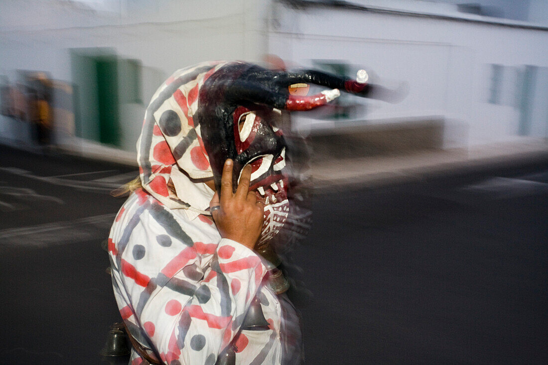 Los Diabletes, person wearing a devil mask at carnival, Teguise, Lanzarote, Canary Islands, Spain, Europe