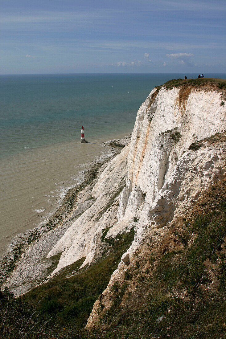 Beachy Head,  lighthouse,  white chalk cliffs,  the English Channel,  the Atlantic Ocean,  South Downs,  East Sussex,  England,  Great Britain