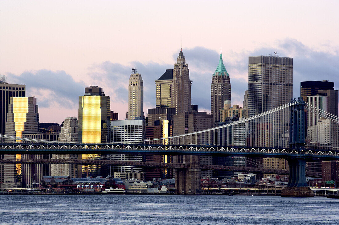 EAST RIVER BRIDGES DOWNTOWN SKYLINE MANHATTAN NEW YORK USA
