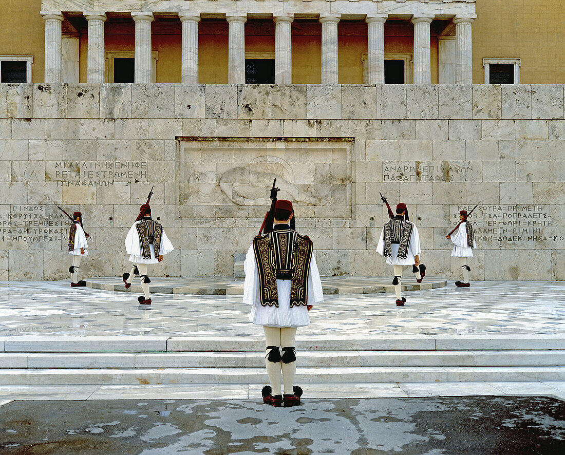 Evzone soldiers guarding the Tomb of the Unknown Soldier outside ´Vouli´ Greek Parliament,  Athens,  Greece