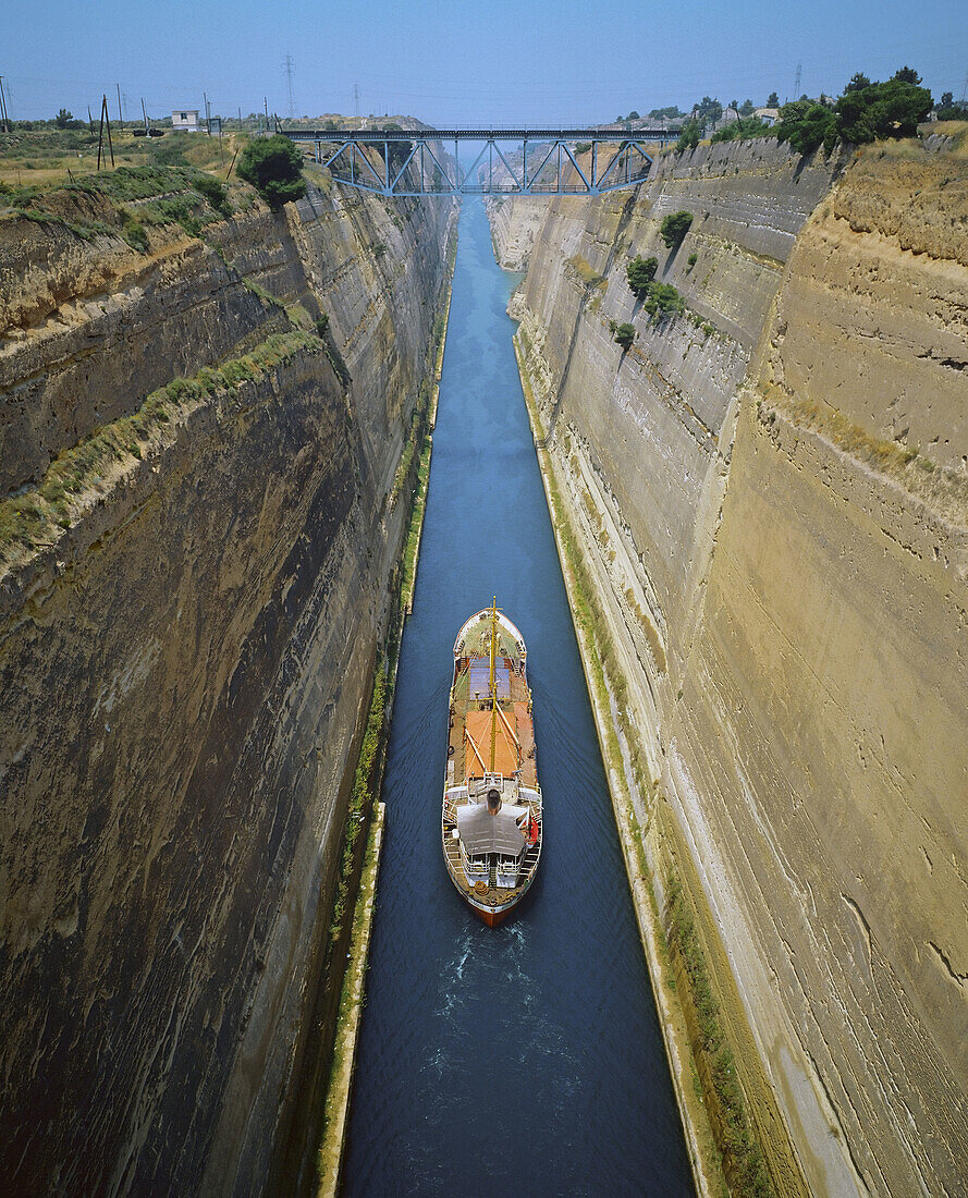 Overview of a cargo crossing the Corinth canal,  Peloponnese,  Greece