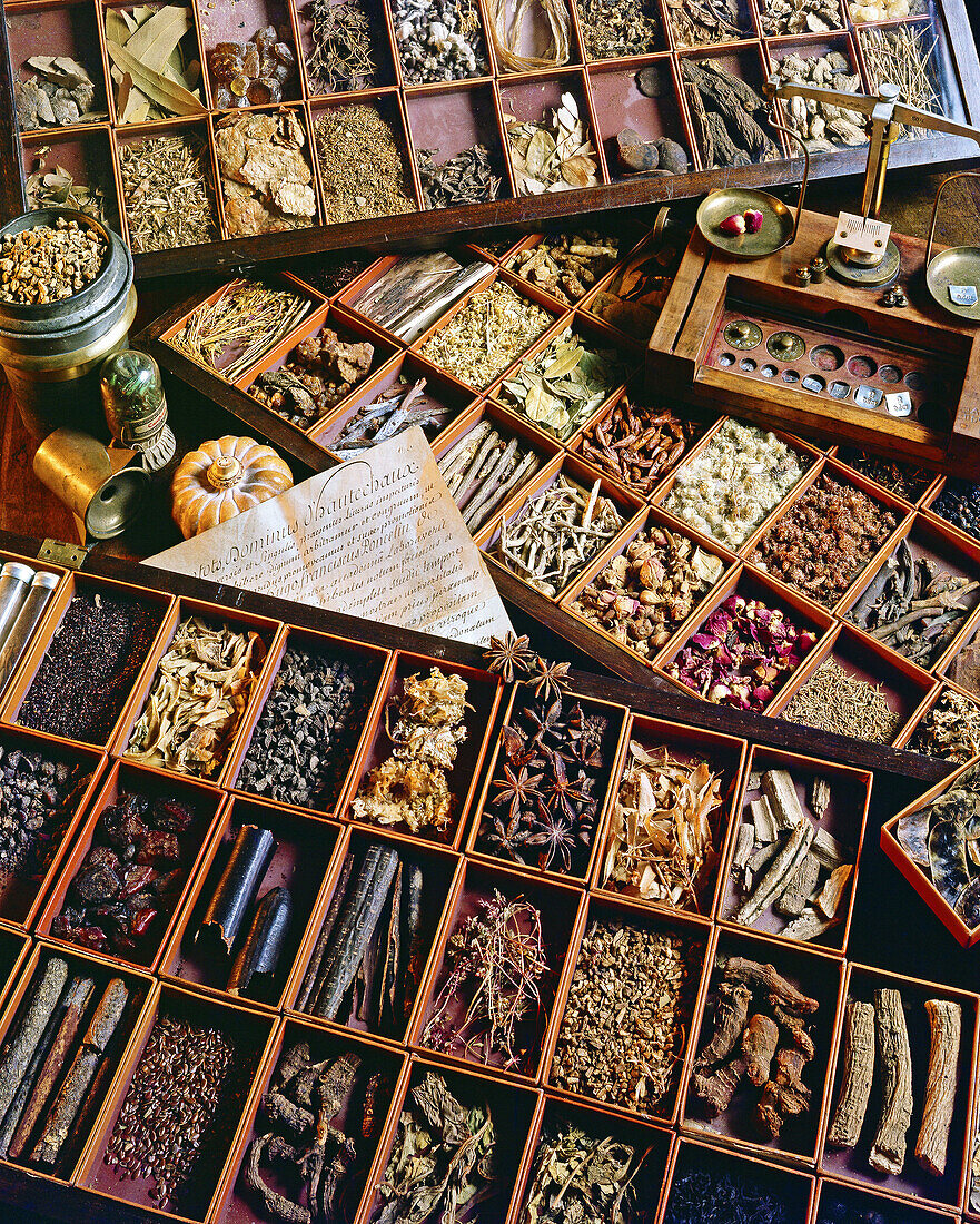 Wooden boxes with various dried herbs in an ancient herbalist shop.
