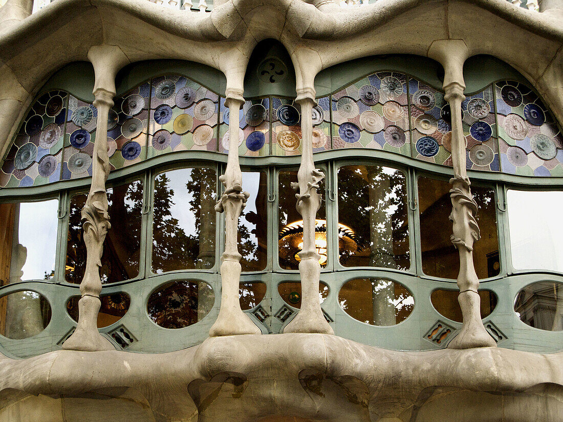 Façade detail of the Batllo House by Gaudi,  Barcelona. Catalonia,  Spain
