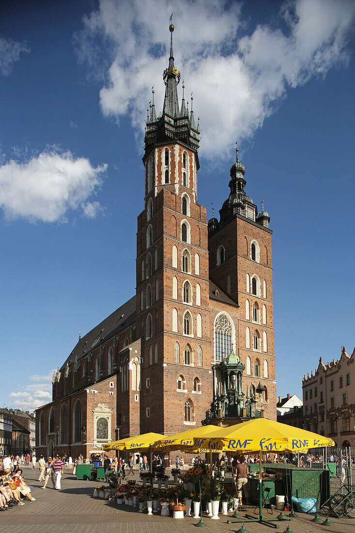 Great Market Square or Main Square, Basilica of the Virgin Mary’s, 14th century,  Gothic Cathedral, Cracow,  Krakow, Poland
