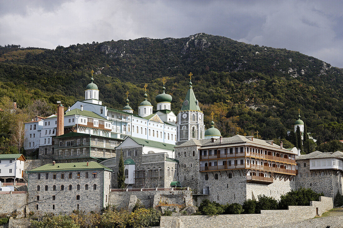 Saint Panteleimon monastery, view from the sea, octahedral belfry, Athos Peninsula, Mount Athos, Chalkidiki, Greece
