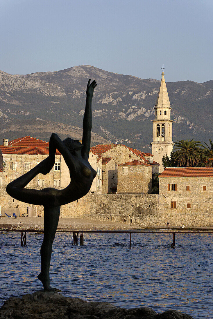 Budva, old town peninsula, Cathedral of St John, Bell tower, fortification walls, Adriatic coast, Montenegro