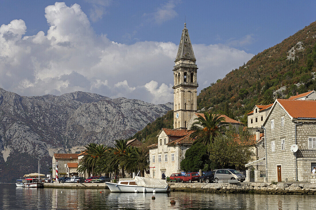Perast, old town, St Nicholas Church, Kotor Bay, Montenegro
