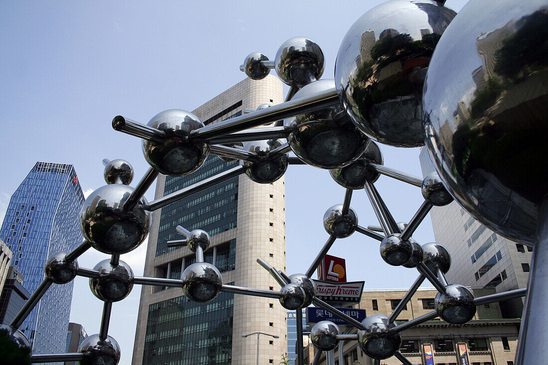 Atomic art: a molecule,  Lotte Department Store,  downtown Seoul,  South Korea
