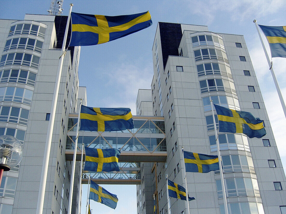 Swedish flags at the Globen entertainment and office complex,  Stockholm,  Sweden