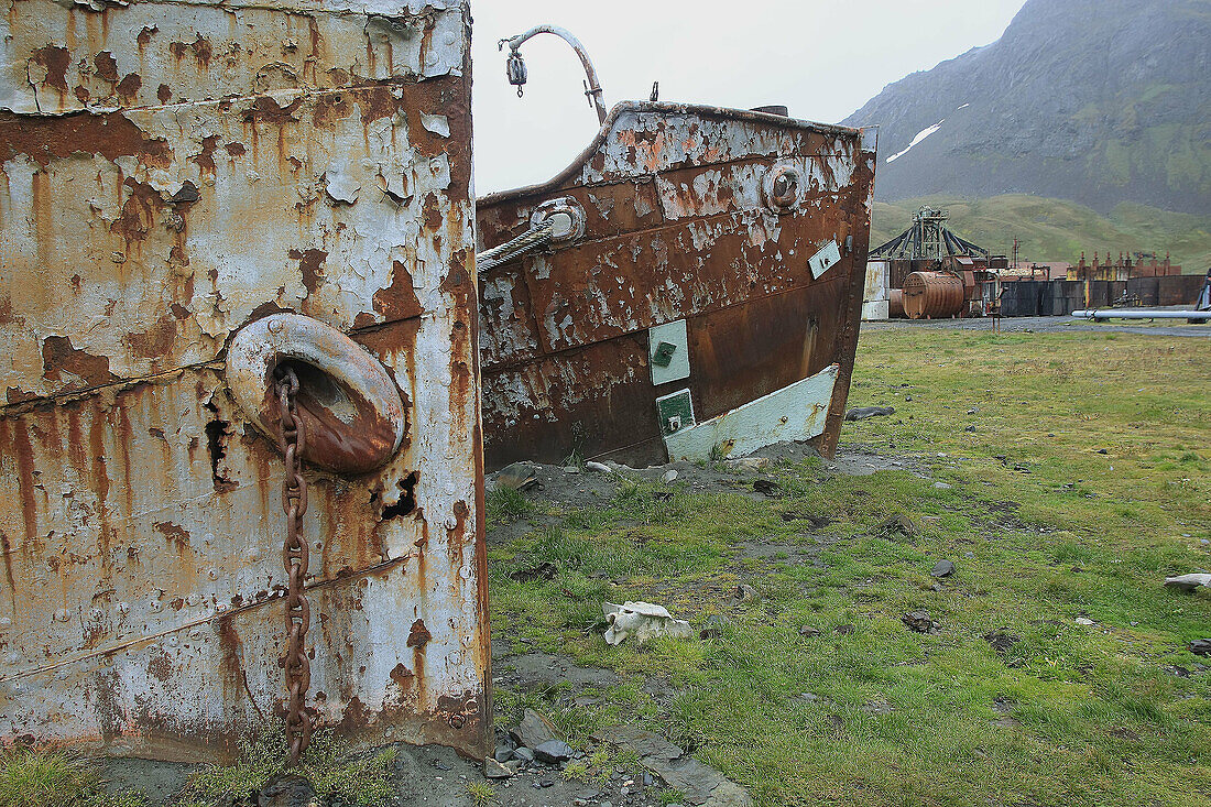 Old ships and vertebra of whale,  whaling station,  Grytviken,  South Georgia,  SGSSI,  UK