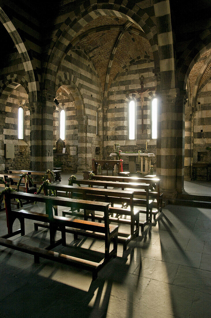 Italy,  Cinque Terre,  Porto Venere.  Interior of the church Chiesa di San Pietro.  Porto Venere is situated just south of the famous Cinque Terre hiking trail.