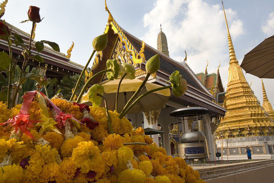Flower decoration and buildings of the Royal Grand Palace, Bangkok, Thailand, Asia