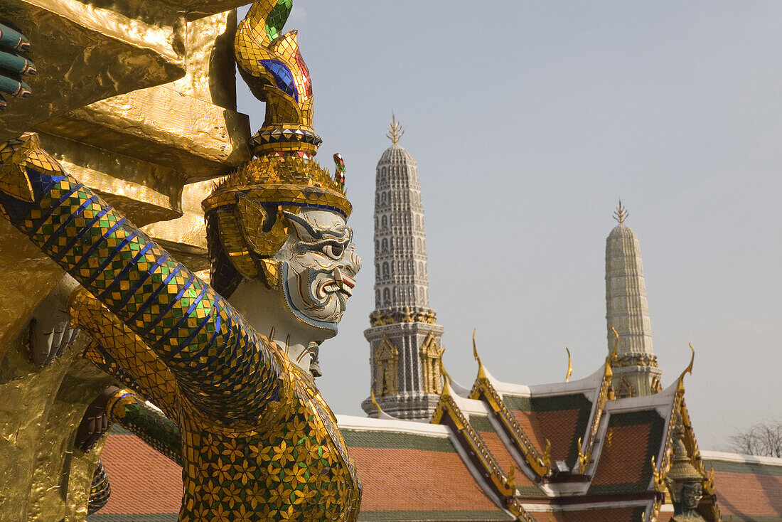 Statue, towers and roofs of the Royal Grand Palace, Bangkok, Thailand, Asia