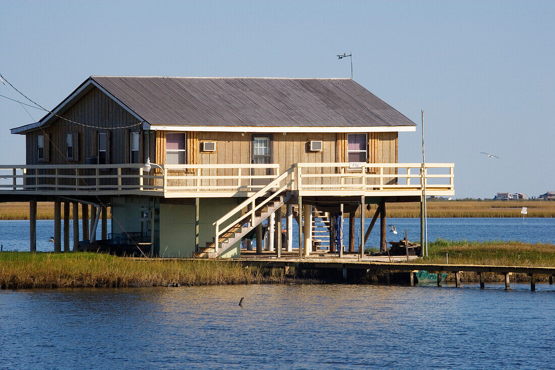 Haus auf Stelzen bei Golden Meadow, südlich von New Orleans, Louisiana, Vereinigte Staaten, USA