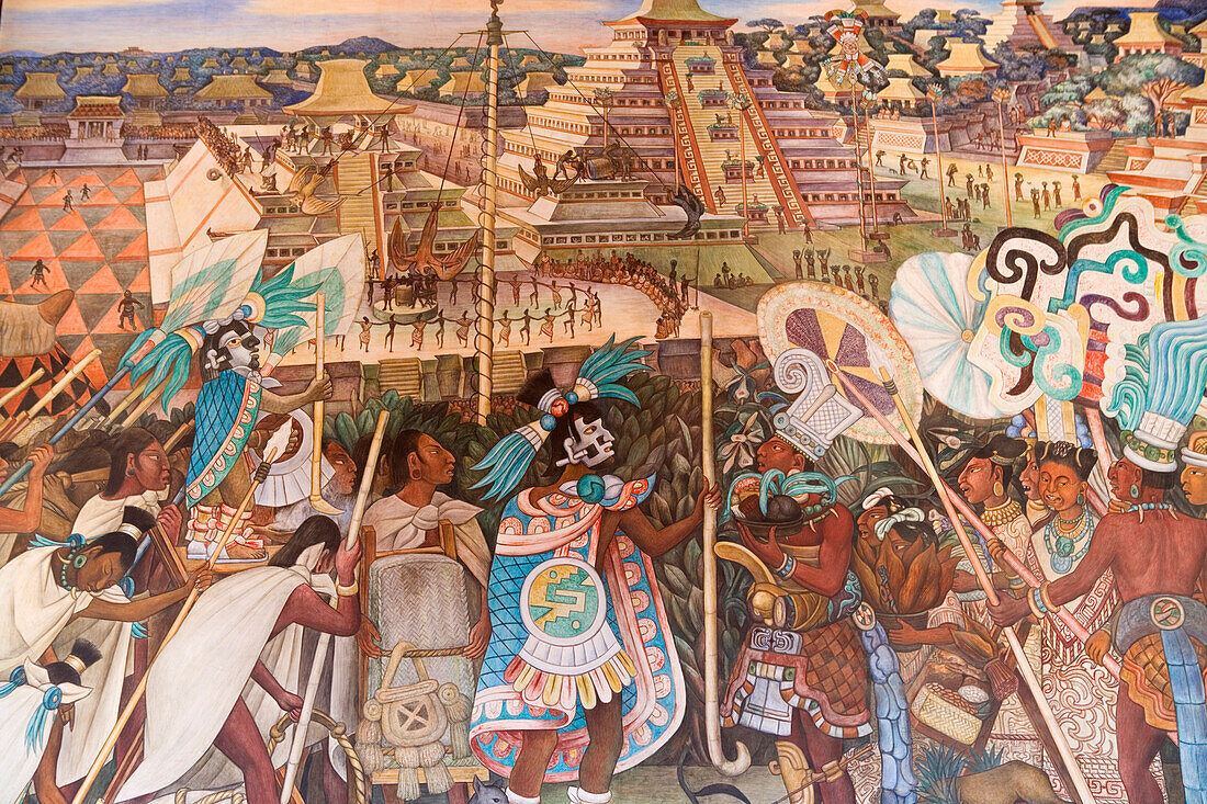 Diego Riveras Fresko Totonac civilizacion (1950) El Tajin im Nationalpalast von Mexiko Stadt, Bundesstaat Mexiko, Mexiko