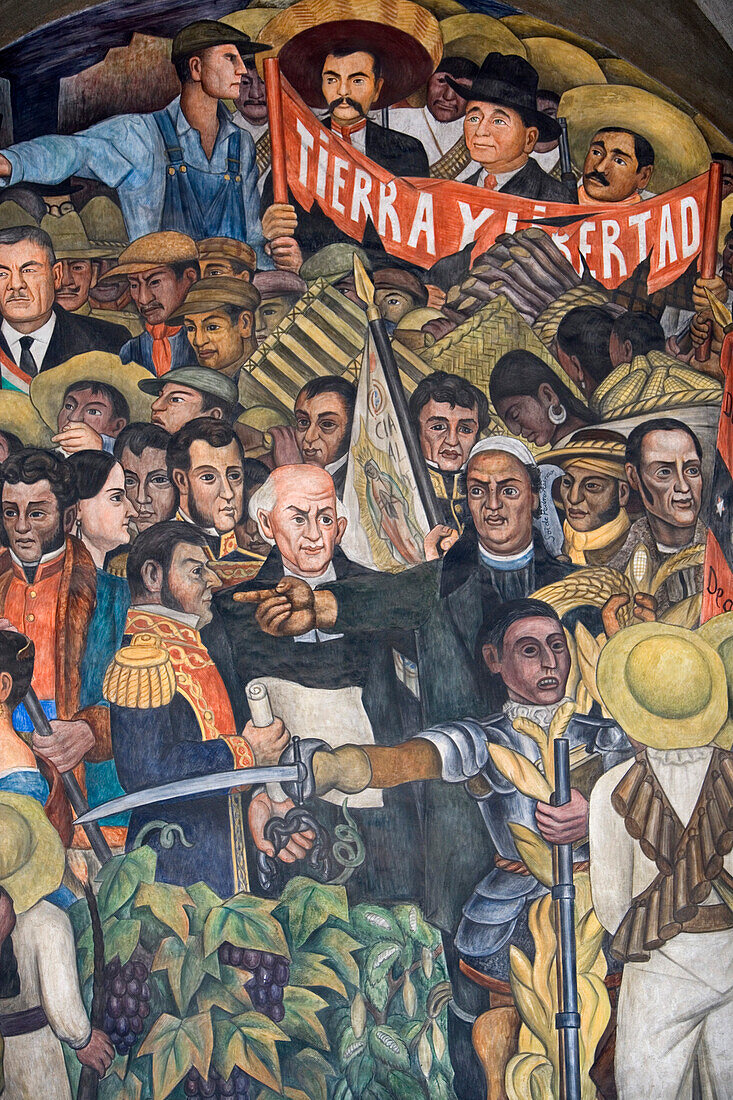 Diego Riveras Freskenzyklus Mexico en la historia im Nationalpalast von Mexiko Stadt, hier der Ausschnitt El campesino oprimido aus dem Jahr 1935, Bundesstaat Mexiko, Mexiko