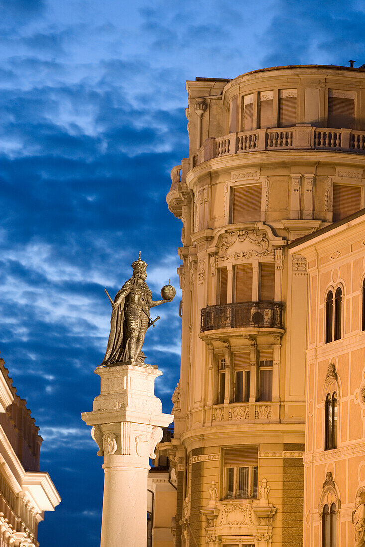 Piazza della Borsa and the statue of Rudolf I v. Habsburg, Trieste, Friuli-Venezia Giulia, Upper Italy, Italy