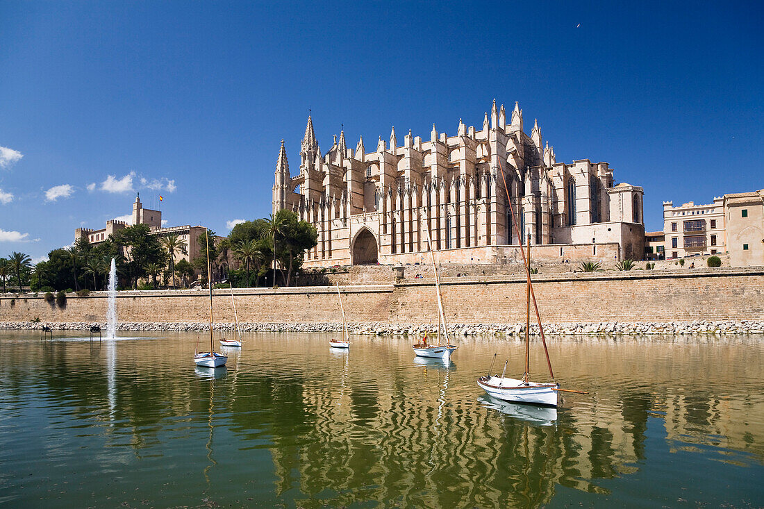 Cathedral La Seu under blue sky, Palma, Mallorca, Spain, Europe