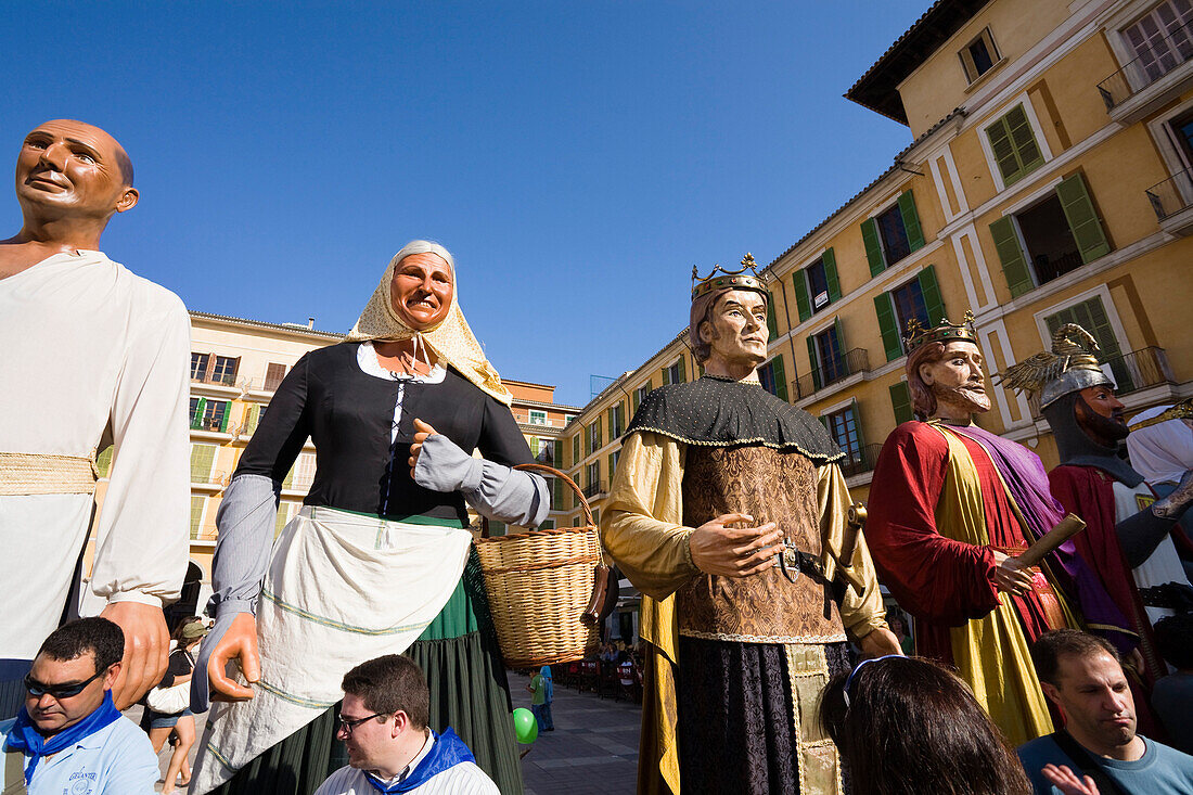 Traditional figures at a square, Diada per la Llengua, Placa Major, Palma, Mallorca, Spain, Europe