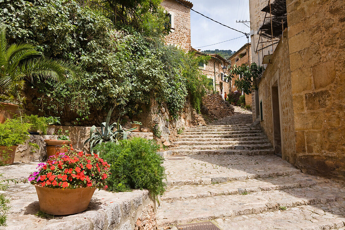 Alley in the sunlight, Fornalutx, Mallorca, Balearic Islands, Spain, Europe