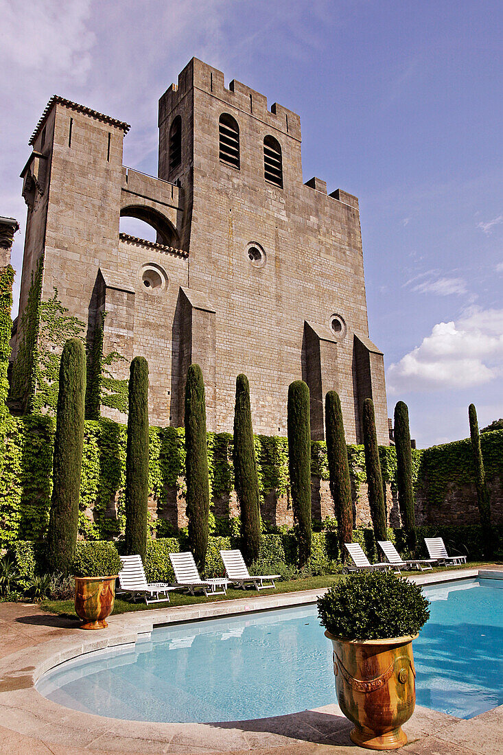 The Basilica Of Saint Nazaire And The Pool At The Hotel De La Cite, Orient Express Hotels, Medieval City Of Carcassonne, Aude (11), France