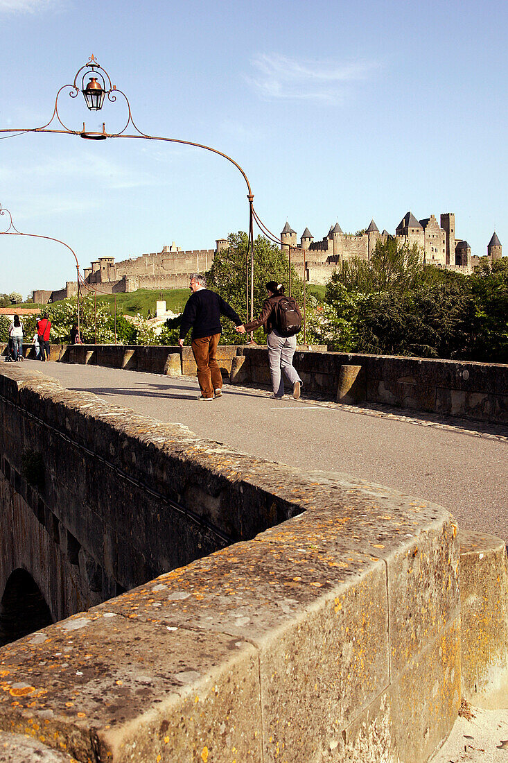 The Walls And Towers Of The Medieval City Of Carcassonne, Seen From The Old Bridge, Aude (11), France