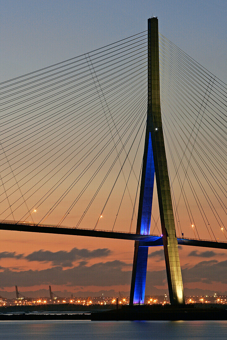 A View At Night Of The Normandy Bridge Which Spans The Seine Between Honfleur And Le Havre, A 2143 Meter Cable-Stayed Bridge With 856 Meters Between The Towers, Calvados (14), Normandy, France