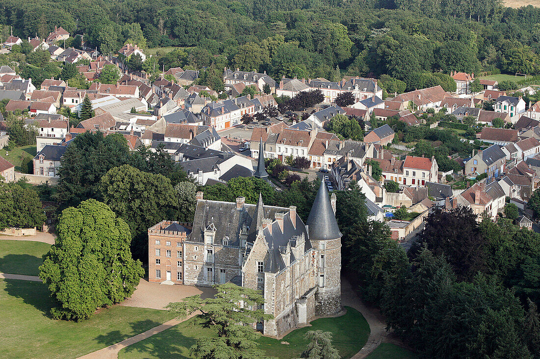 Aerial View Of The Chateau Of Courtalain, Built In The 15Th Century, A Mix Of Medieval Architecture, English Neo-Gothic And Renaissance Style Added In The 19Th Century, Eure-Et-Loir (28), France