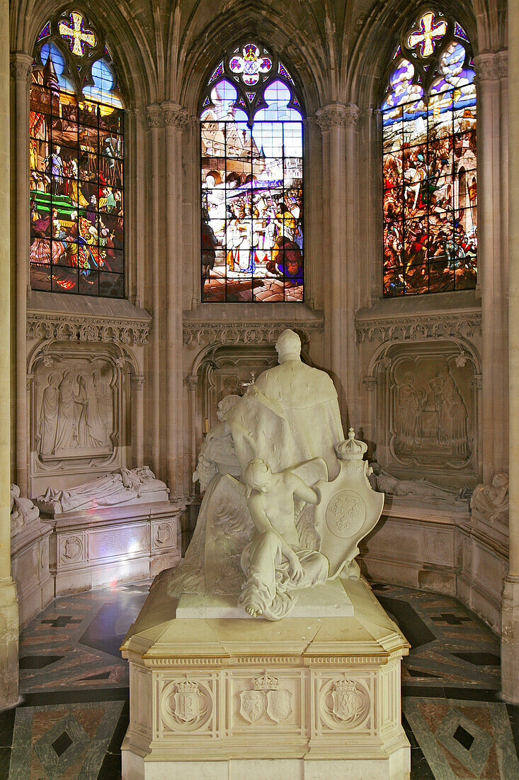 Stained Glass And Statue Of King Louis-Philippe, Recumbent Statues Of The Orleans Family, Royal Chapel Of Dreux, Eure-Et-Loir (28), France