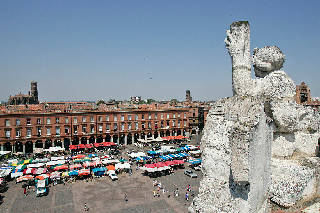 Place Du Capitole With Its Little Market Seen From The Roof Of The City Hall, Toulouse, Haute-Garonne (31), France