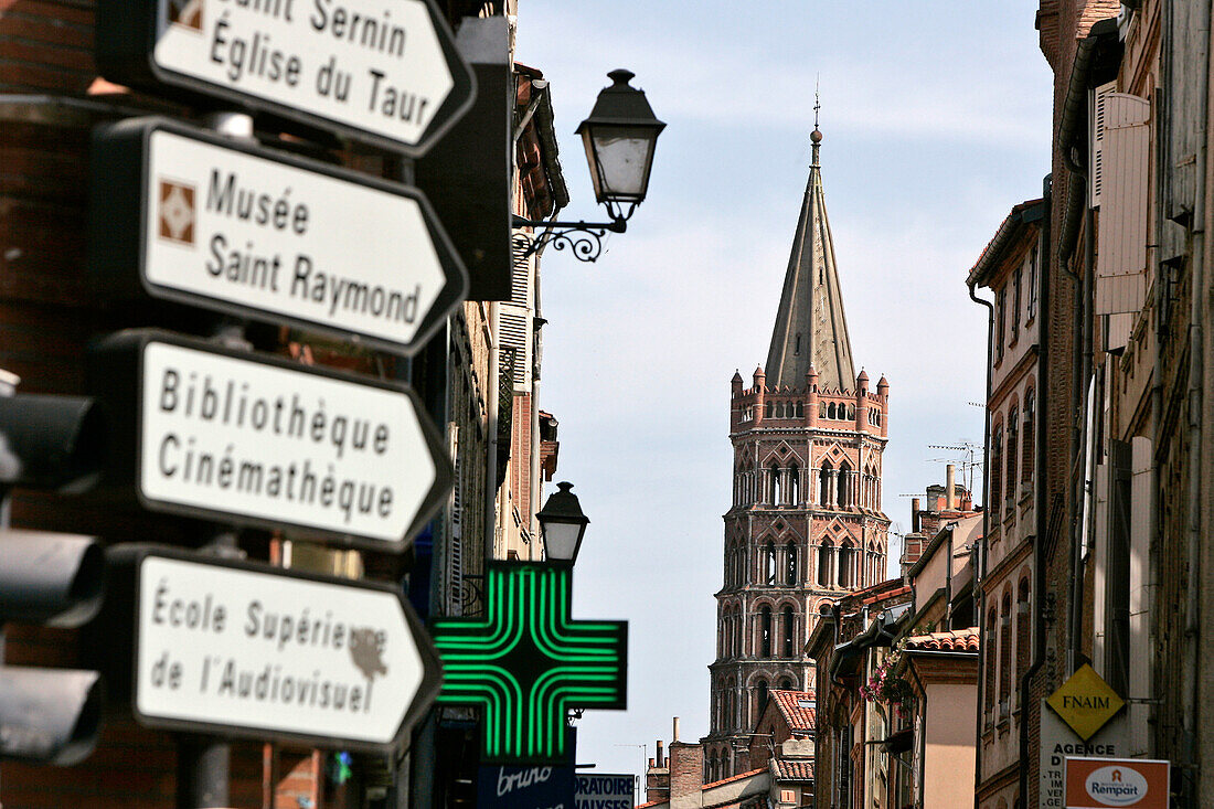 Rue Du Taur And The Bell Tower, Saint-Sernin Basilica, Romanesque Art, Toulouse, Haute-Garonne (31), France