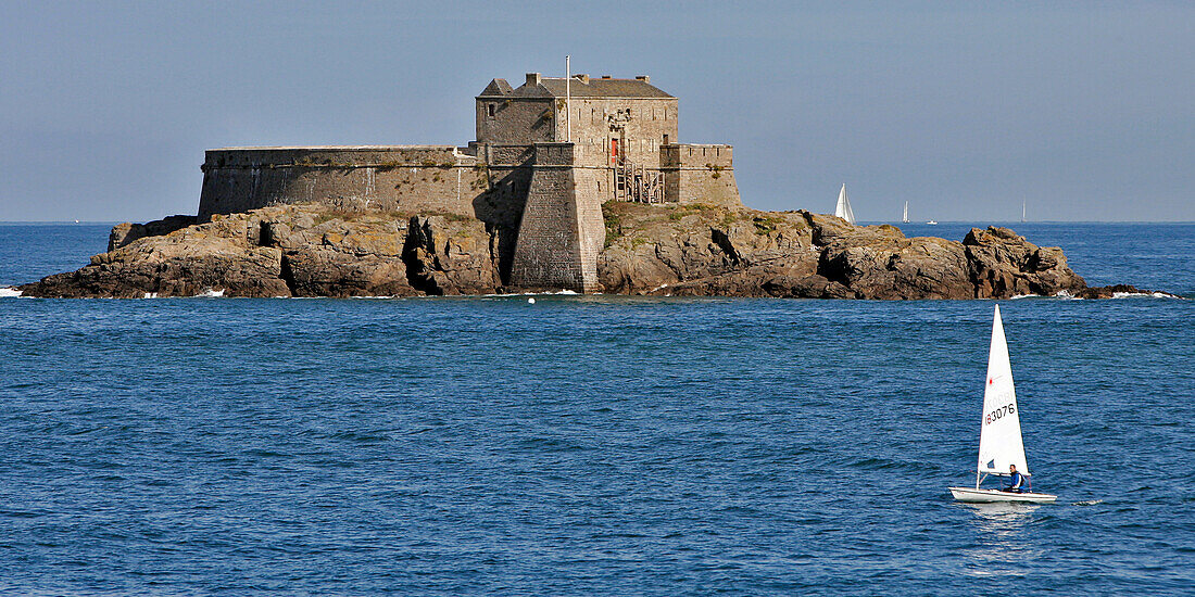 Small Sailboat In Front Of The Fort Of Petit Be, Saint-Malo, Ille-Et-Vilaine (35), France