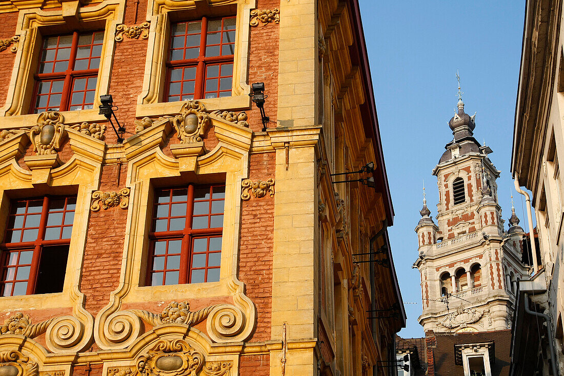 Decorated Facades (Flemish Baroque Architecture) Of The Buildings On The Main Square La Grande Place And The Belfry On The Chamber Of Commerce, Lille, Nord (59), France