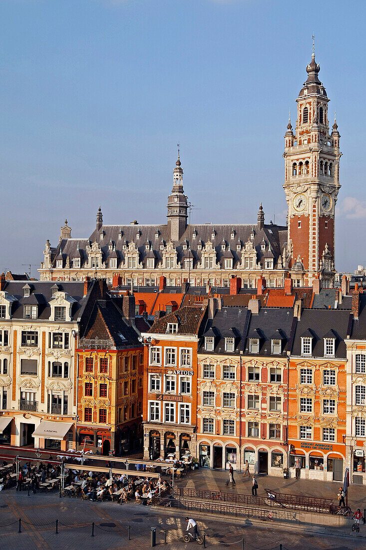 The Main Square La Grande Place And The Belfry On The Chamber Of Commerce, With Sidewalk Restaurants And Cafes, Lille, Nord (59), France