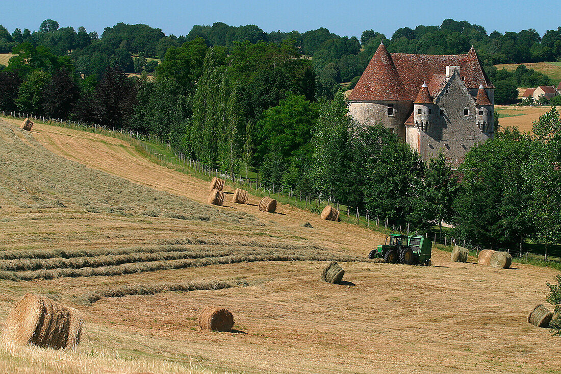 Haystacks In Front Of The Courboyer Manor, Property Of The Regional Park Of The Perche, Saint-Cyr-La-Rosiere, Orne (61), Normandy, France