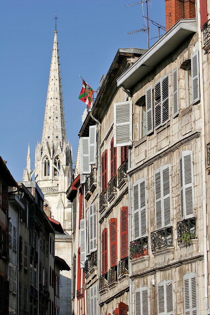 House Facades And The Sainte-Marie De Bayonne Cathedral, Grand Bayonne, Basque Country, Basque Coast, Bayonne, Pyrenees Atlantiques, (64), France