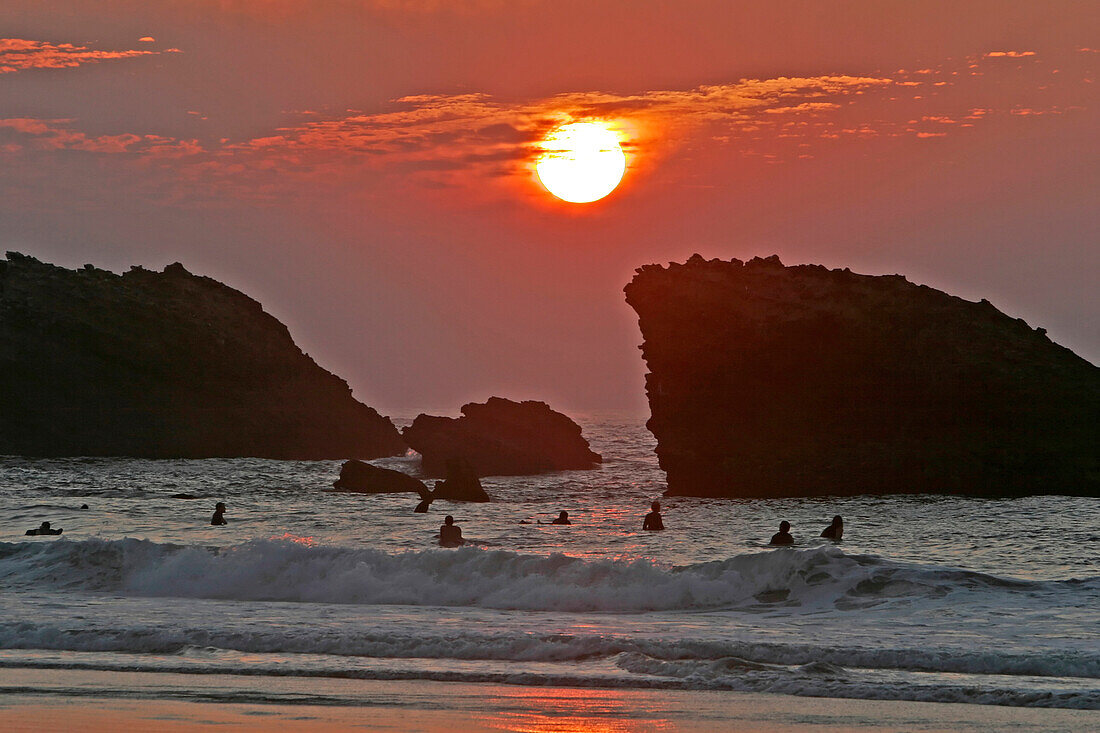 Surfers, Sunset, Grande Plage, Basque Country, Basque Coast, Pyrenees-Atlantique (64), France