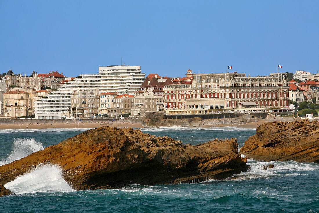 Oceanfront, Miramar Beach, Hotel Du Palais And Hotel Sofitel Thalassa Miramar, Biarritz, Pyrenees Atlantiques, (64), France, Basque Country, Basque Coast