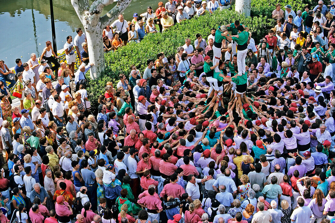 Human Pyramid Or Tower, The Castellers Of Catalonia, Perpignan, Pyrenees-Orientales (66), France