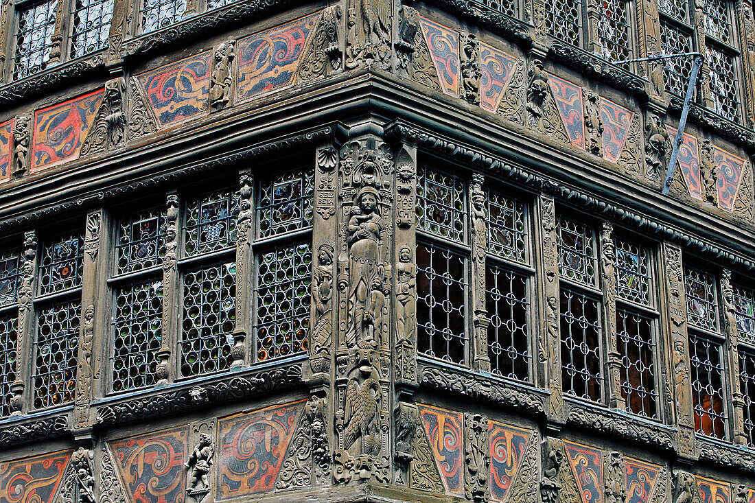 Sculpted Timbering Of The Kammerzell House, Pelican At Charity'S Feet, Strasbourg, Bas Rhin (67), France, Europe