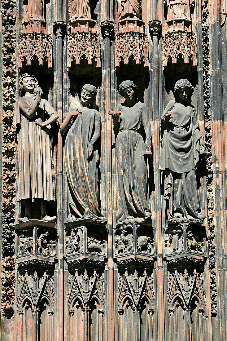 South Door Of The Strasbourg Cathedral, Mad Virgins. They Hold The Lamps Upside Down, Closely Grip The Tables Of The Law And Are Next To The Tempter Who Holds The Apple Of Temptation And Has Reptiles On His Back, Bas-Rhin (67), Alsace, France