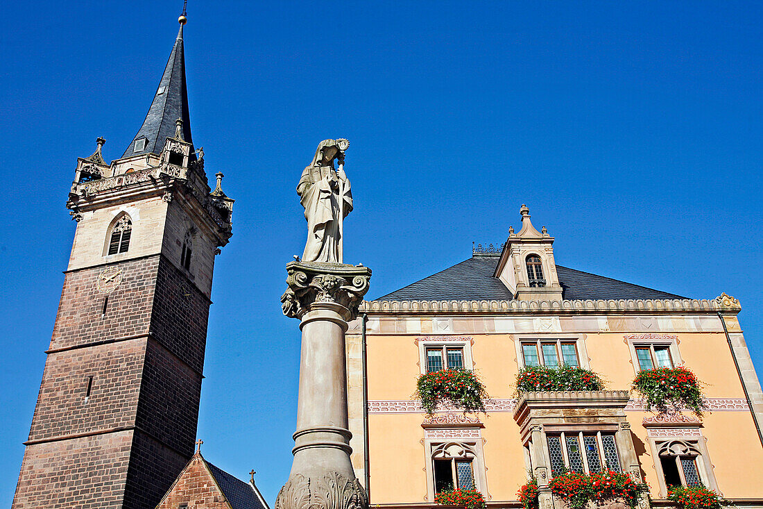 Saint Odile Fountain, Built On The Place Du Marche In 1904 In Front Of The Town Hall And The Belfry, It Represents Saint Odile 'Patron Saint Of Alsace' With Her Abbess' Cross. An Open Book And Two Eyes Recalls Her Miraculous Healing, Obernai, Bas Rhin (67