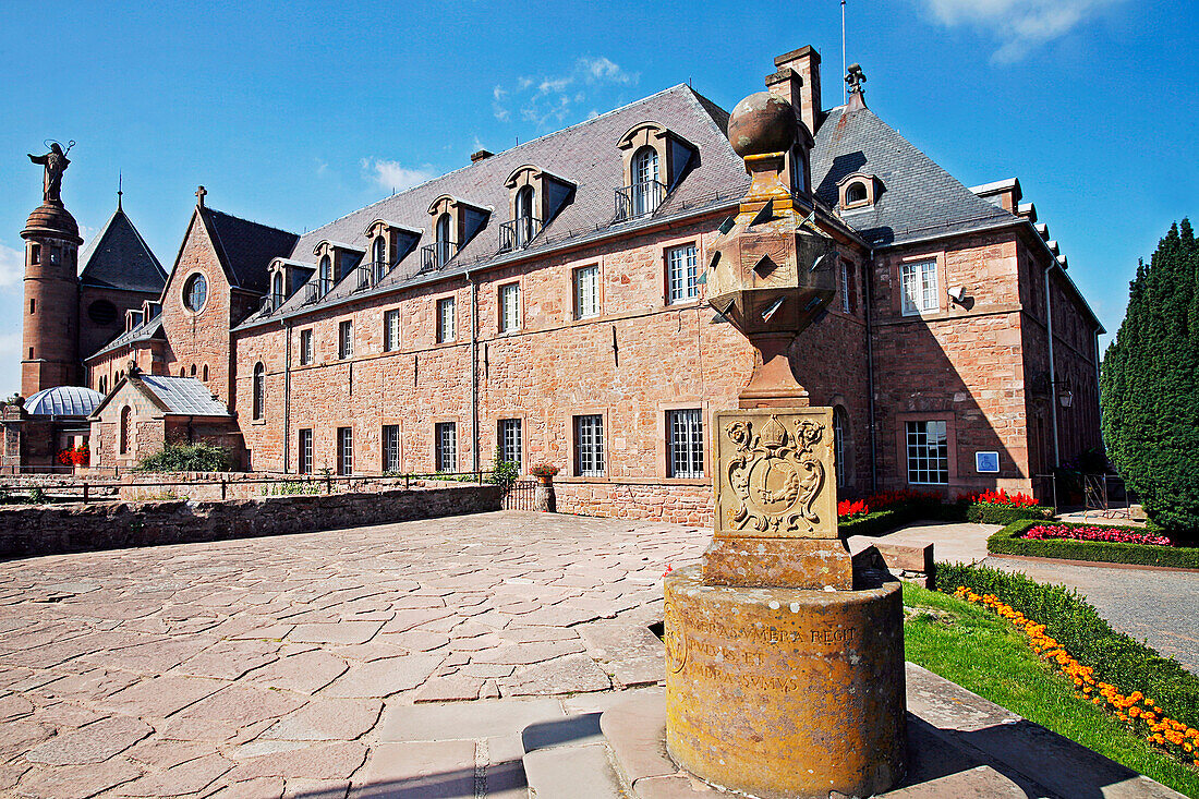 Sundial And Statue Of Sainte-Odile, Mont Sainte-Odile, Bas Rhin (67), Alsace, France, Europe